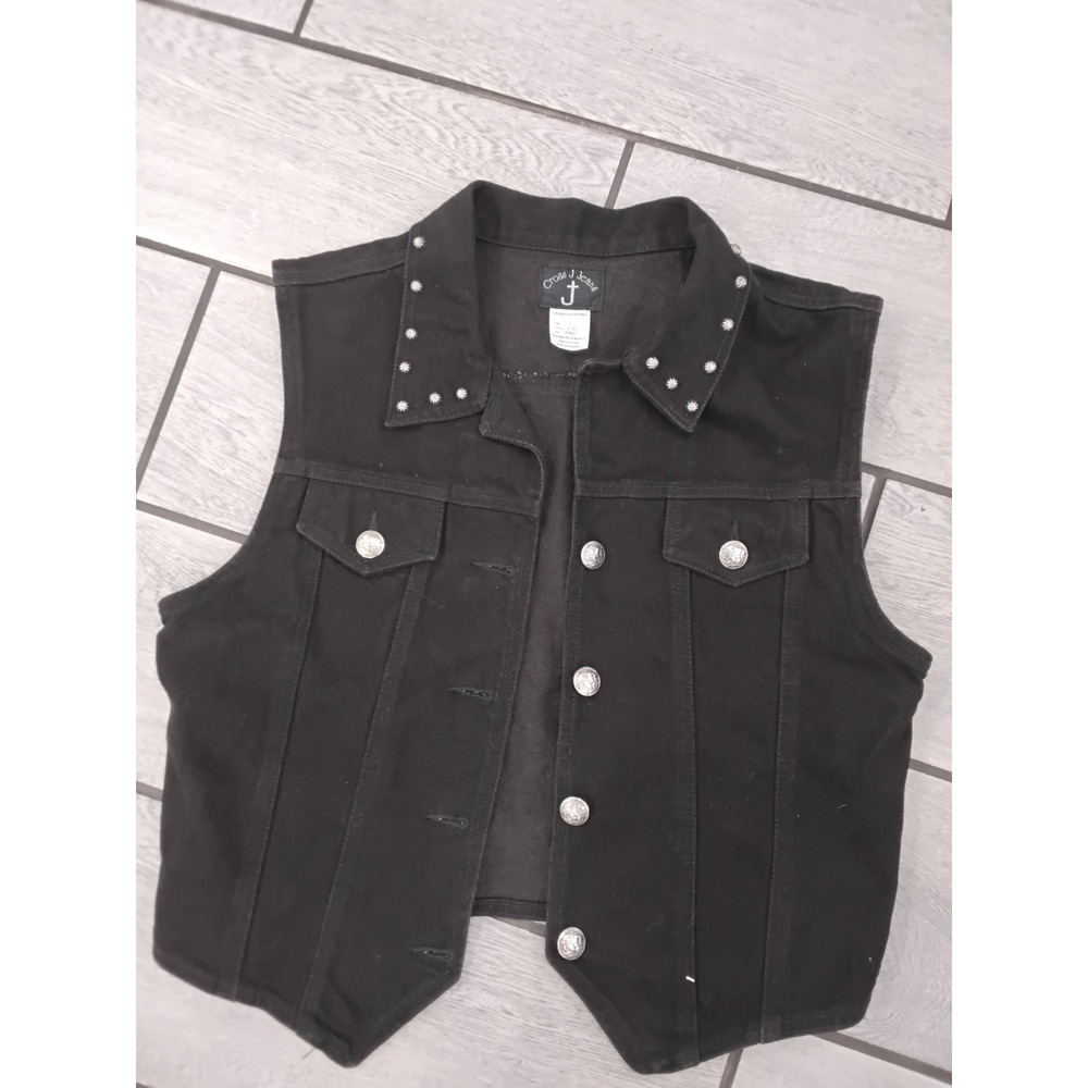 Cross J Jeans Womens Black Denim Vest Studded Collar Western Biker V-57 Large